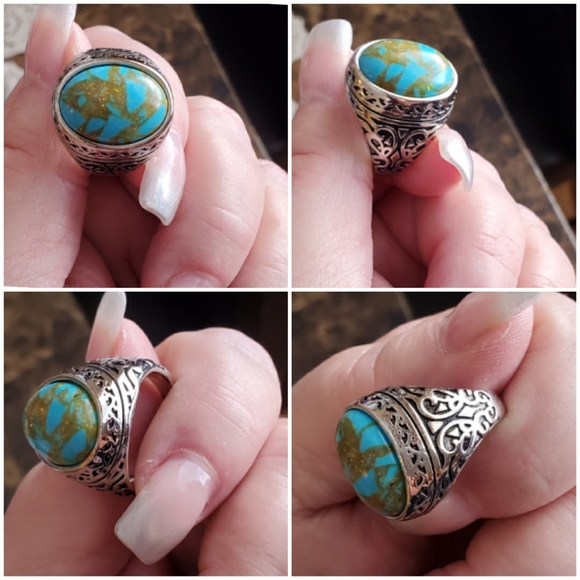 Faux Turquoise Silver Plated Ring Size 9, 10 - Picture 3 of 6